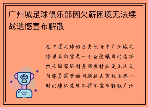 广州城足球俱乐部因欠薪困境无法续战遗憾宣布解散