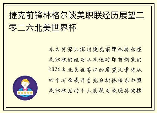 捷克前锋林格尔谈美职联经历展望二零二六北美世界杯